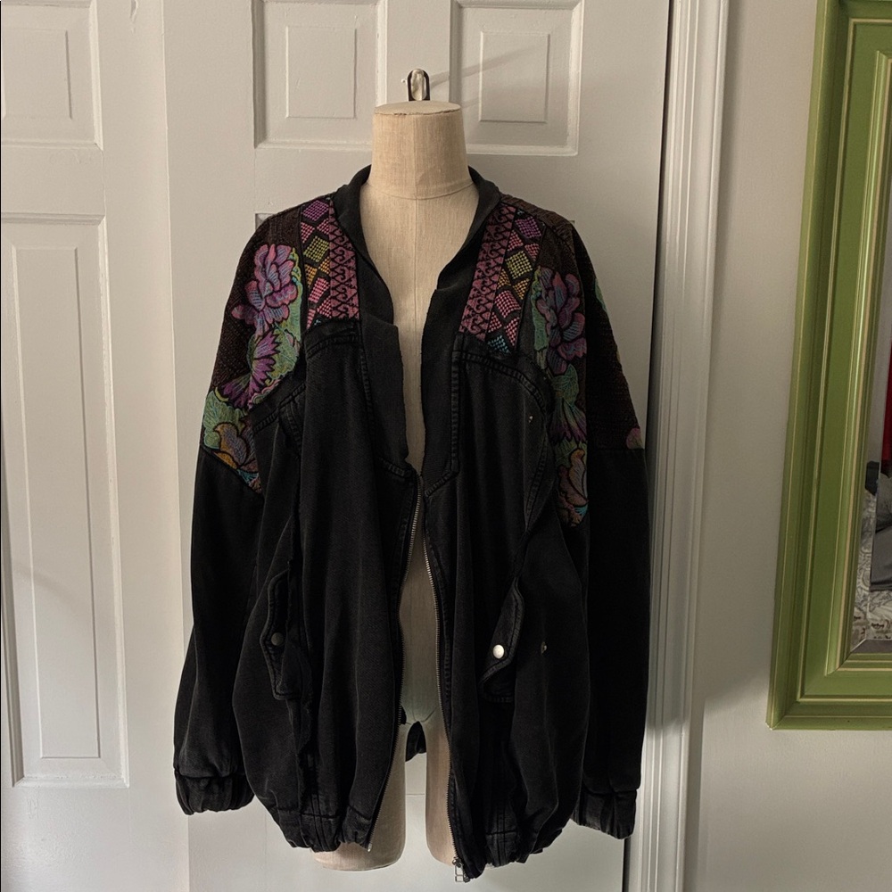 Free People Floral Embroidered Black Jacket